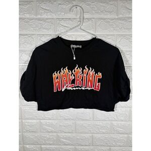 Bershka Walking‎ Flame Cropped Boxy T-Shirt Top Graphic Tee Black XS